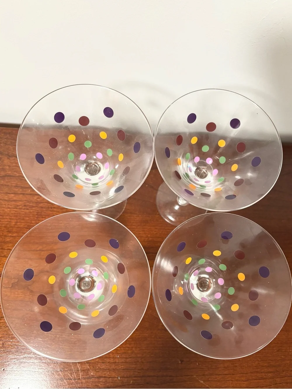 Pampered Chef Set of 4 Polka Dot Martini Glasses - Multicolor Dots BRAND NEW